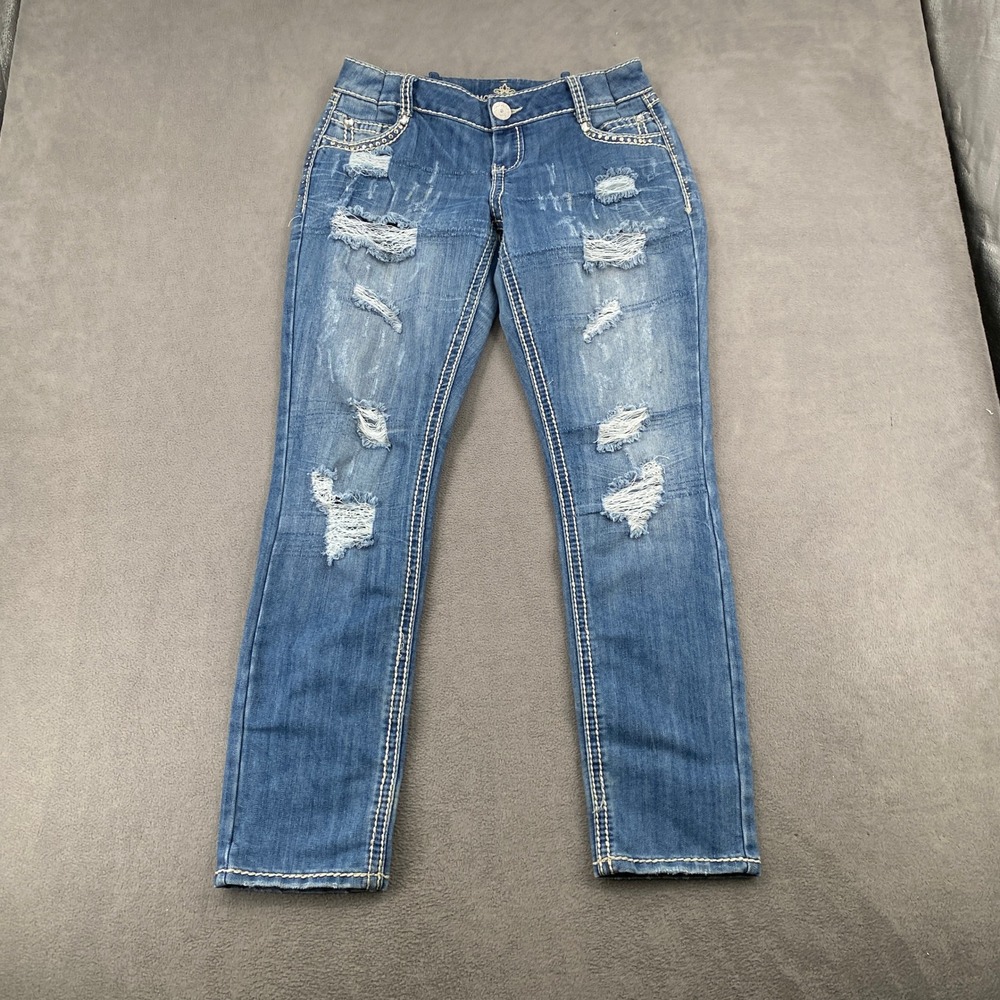Almost Famous Y2K Distressed Rhinestone Skinny Jeans Medium Wash Size 13